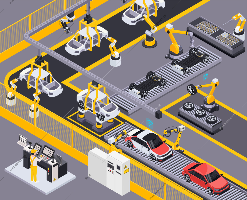 Electric vehicles production line remote controlled robotic assembly and painting conveyor system element  isometric composition vector illustration