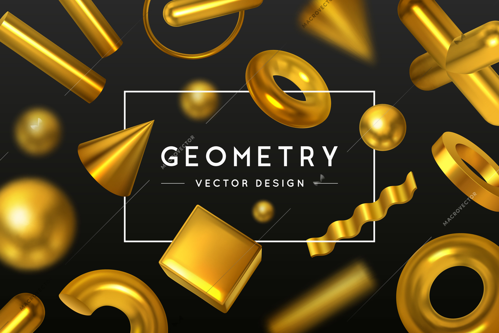 Realistic geometric shapes black background with composition of editable text in frame and golden geometrical bodies vector illustration