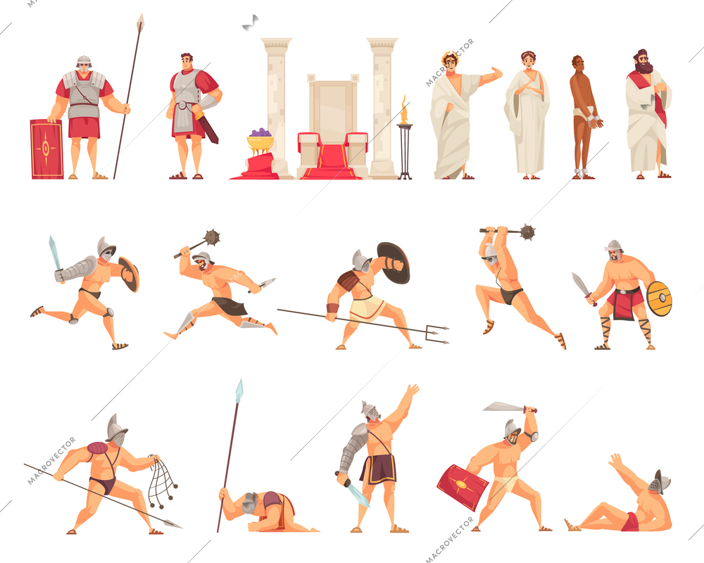 Ancient Rome icons set with gladiator fight flat isolated vector illustration