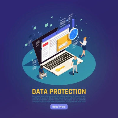 Privacy data protection gdpr isometric background with read more button editable text and laptop with people vector illustration