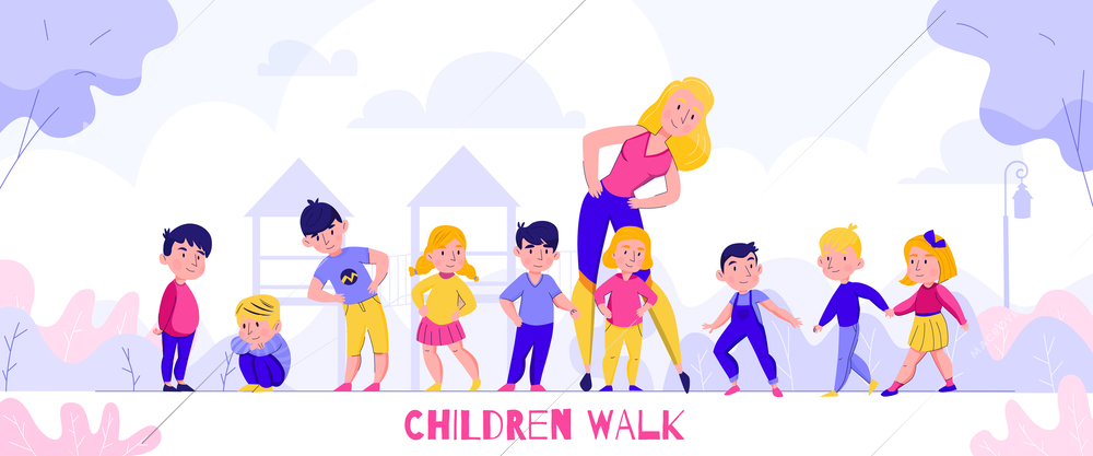 Kindergarten walking composition with text and flat characters of children with nursery teacher in outdoor scenery vector illustration