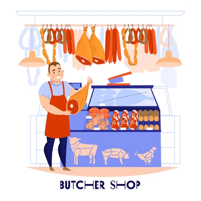 Butcher seller composition with view of meat market stall with human character and pieces of products vector illustration