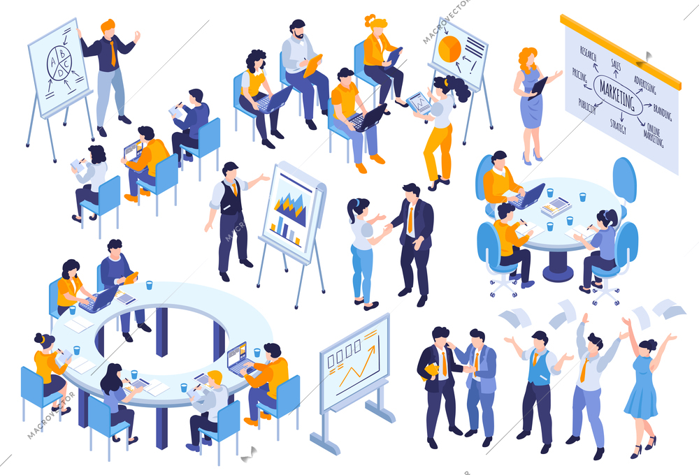 Isometric business education coaching training set with isolated icons and images of people at educational meetings vector illustration