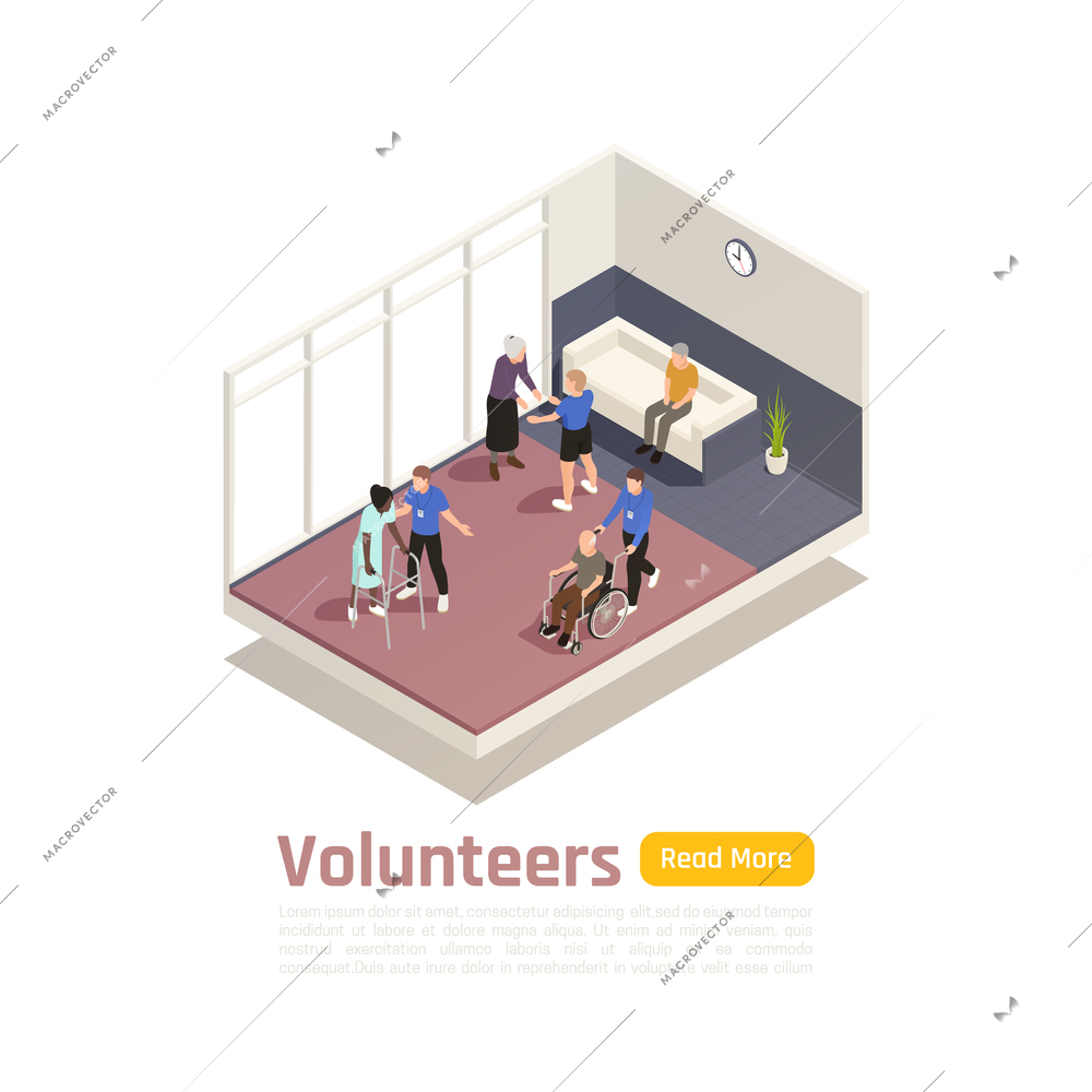 Charity donation volunteering isometric background with indoor view of medical center with people text and button vector illustration