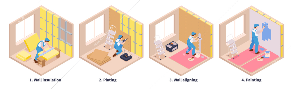Isometric repairs set of four cubic shaped compositions text captions and different stages of decoration works vector illustration