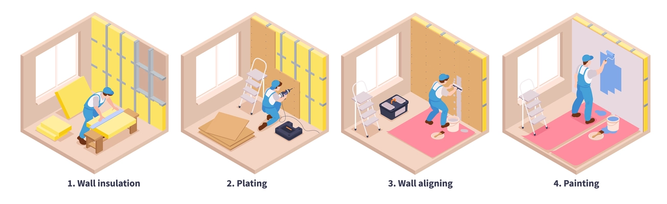 Isometric repairs set of four cubic shaped compositions text captions and different stages of decoration works vector illustration