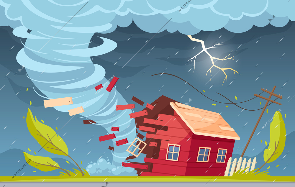 Natural disaster cartoon composition with outdoor suburban scenery rain clouds and tornado vortex destroying living house vector illustration