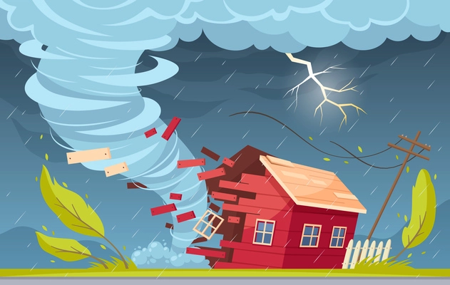 Natural disaster cartoon composition with outdoor suburban scenery rain clouds and tornado vortex destroying living house vector illustration