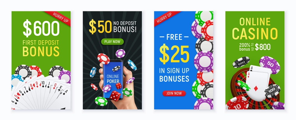 Online casino poker club 4 realistic colorful posters with hand holding cards bonus floating chips vector illustration