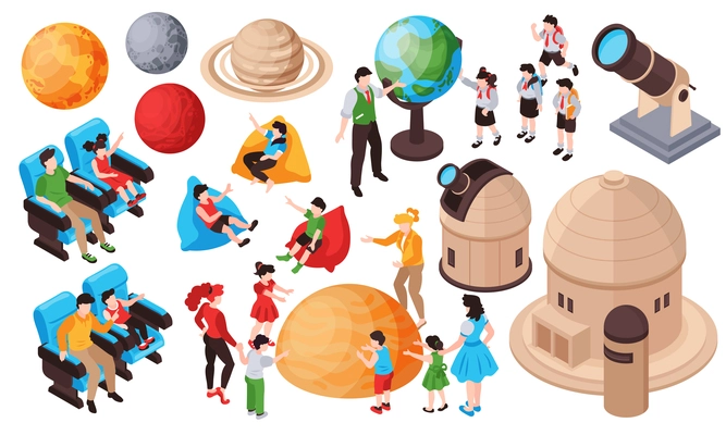 Isometric planetarium set with isolated human characters of kids and adults planets and buildings with telescopes vector illustration