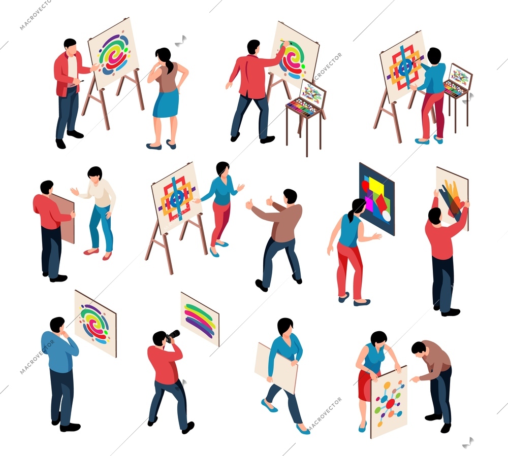 Isometric exhibition art gallery artist curator ser of isolated human characters with paintings on blank background vector illustration