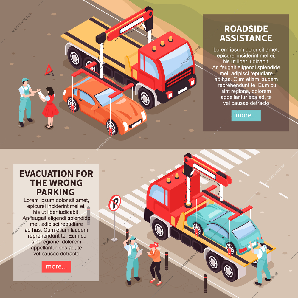 Isometric tow truck horizontal banners set with clickable more buttons and editable text with lorry images vector illustration