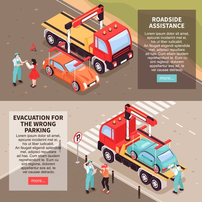 Isometric tow truck horizontal banners set with clickable more buttons and editable text with lorry images vector illustration