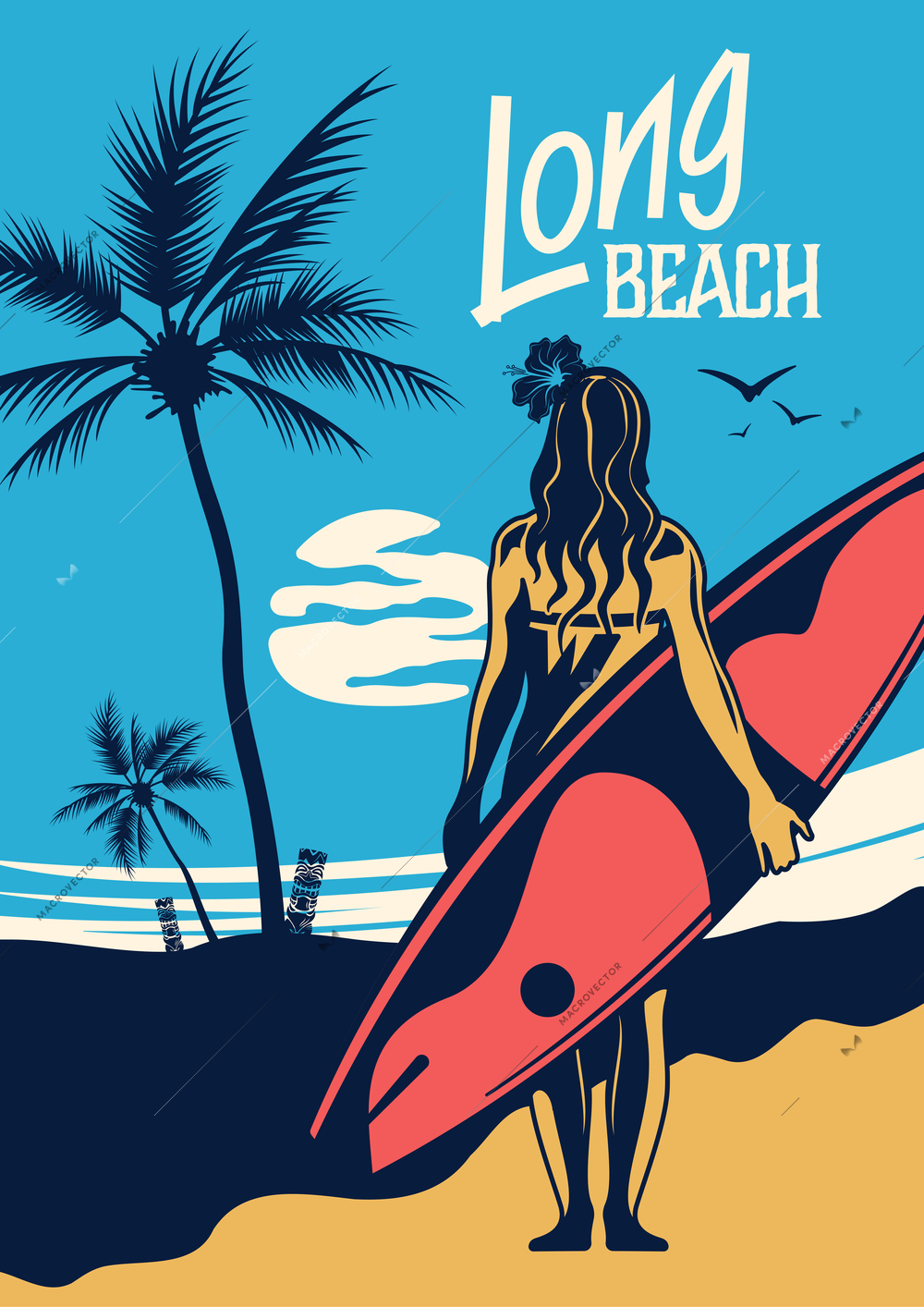 Summer vacation vertical poster illustrated young woman with surfboard at south beach background hand drawn vintage vector illustration