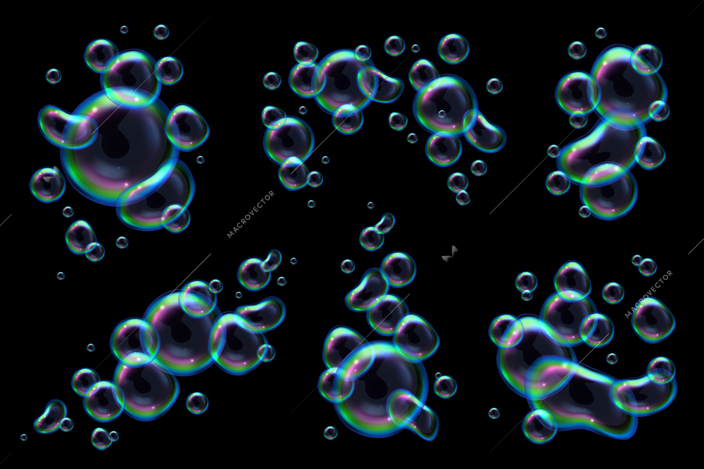 Soap rainbow bubbles realistic set on black background isolated vector illustration