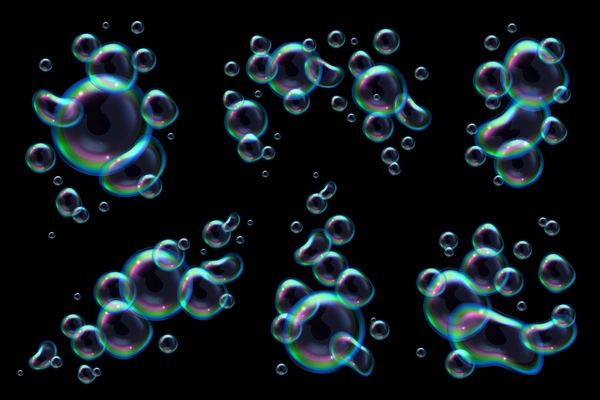 Soap rainbow bubbles realistic set on black background isolated vector illustration