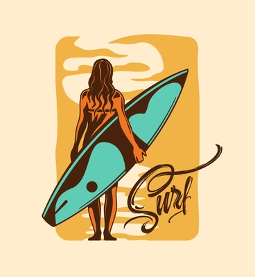 Surfing hand drawn background with young girl in swimsuit standing on shore of ocean and holding surfboard vector illustration