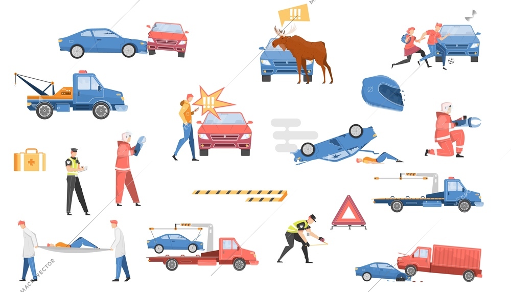 Car accident set with help symbols flat isolated vector illustration