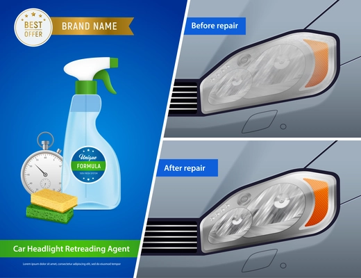 Car headlight restoration kit advertisement 3 realistic compositions with cleaning agent spray sponges before after vector illustration