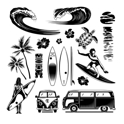 Surfing engraving set of surfboards rushing waves retro cars surfer riding surfboard hand drawn monochrome vector illustration