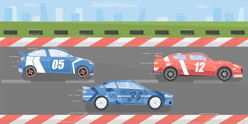 Car racing background with race track and cars flat vector illustration