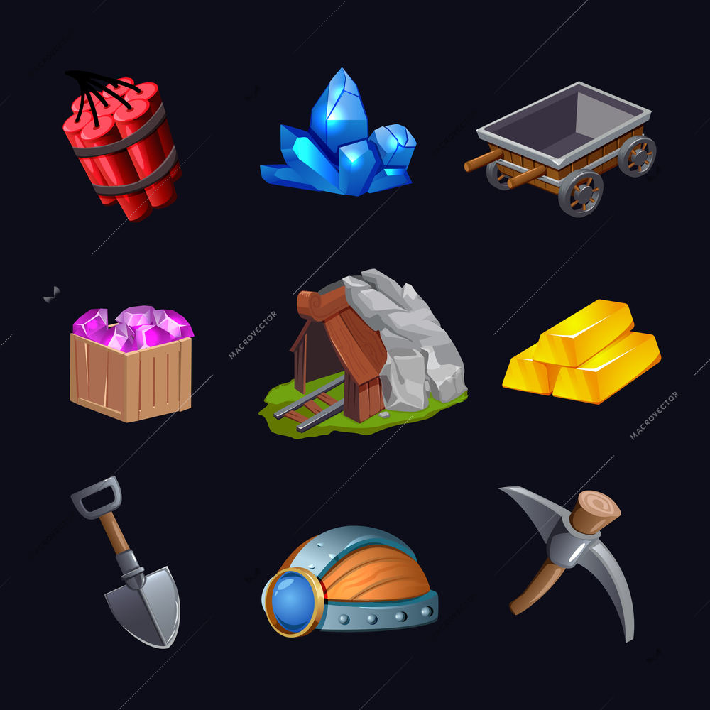 Isolated mining game design icon set with treasure hunt crystals and mines vector illustration