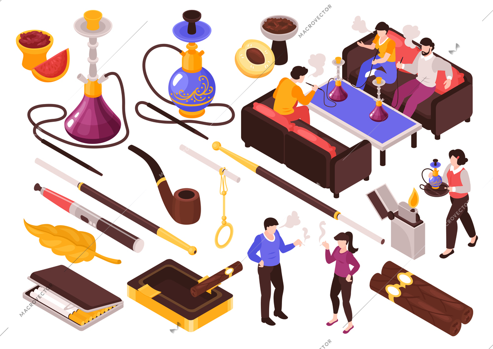 Isometric hookah tobacco smoke set with isolated icons of smoking accessories and people on blank background vector illustration