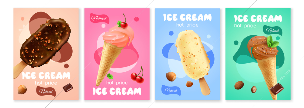 Ice cream poster set with different flavors and forms of sweet dessert isolated vector illustration