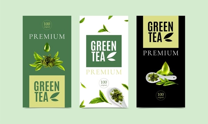Premium green tea packaging design templates set with fresh leaves spoon of dry tea and drops of liquid vector illustration