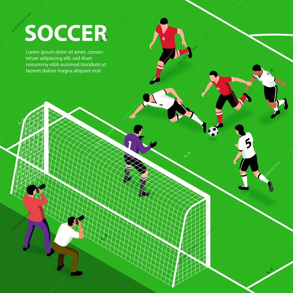 Isometric football soccer square background with editable text and view of gates with players and photographers vector illustration