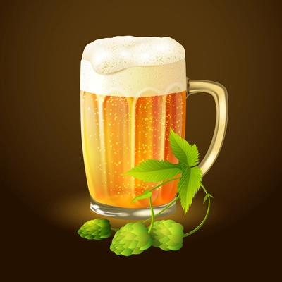 Cool glass mug of cold golden beer with foam and hop background vector illustration