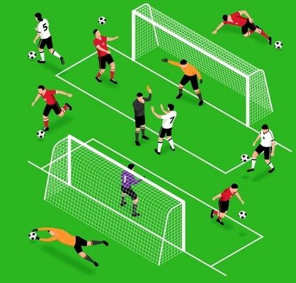 Isometric football soccer sport set with isolated human characters of footballers balls and gates with playground vector illustration
