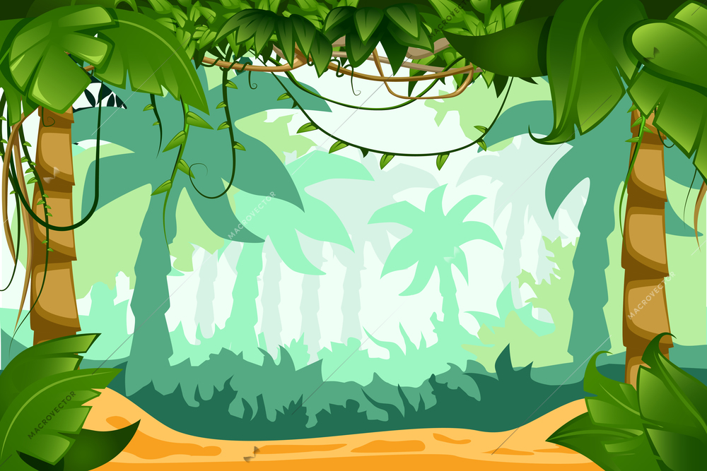 Tropical rain-forest cartoon landscape composition with climbing lianas succulent foliage and fading palms background vector illustration