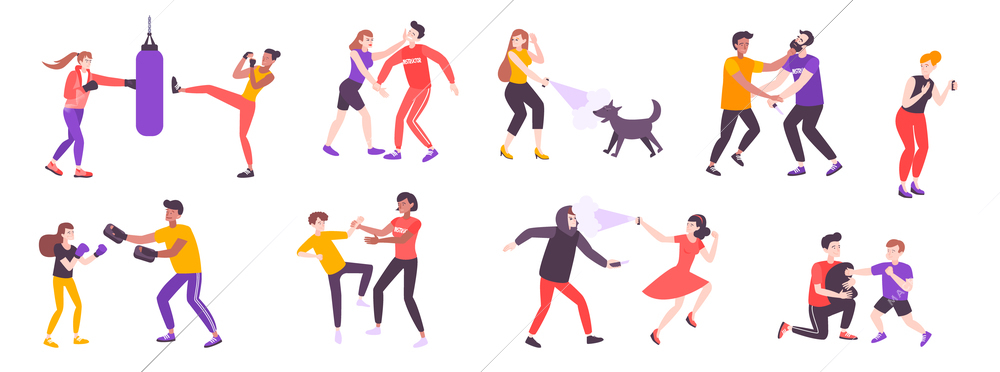 Self defense flat set of isolated doodle human characters struggling with various threats on blank background vector illustration