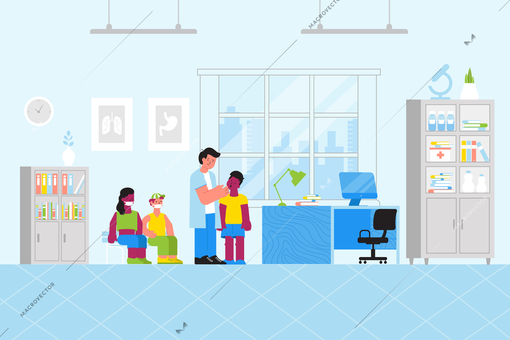 Hospital flat composition with indoor interior of doctors office and human characters of teens with doctor vector illustration