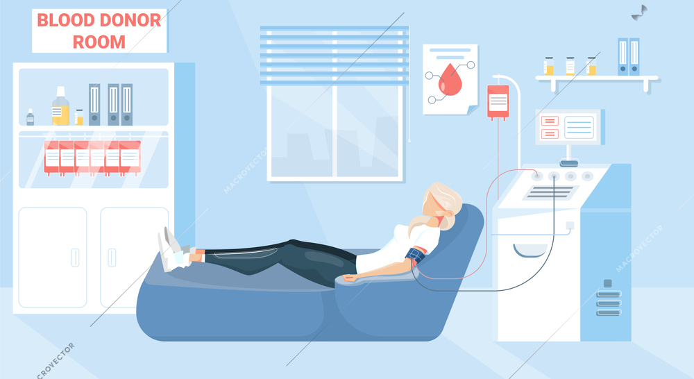 Blood donation background with donor room symbols flat vector illustration