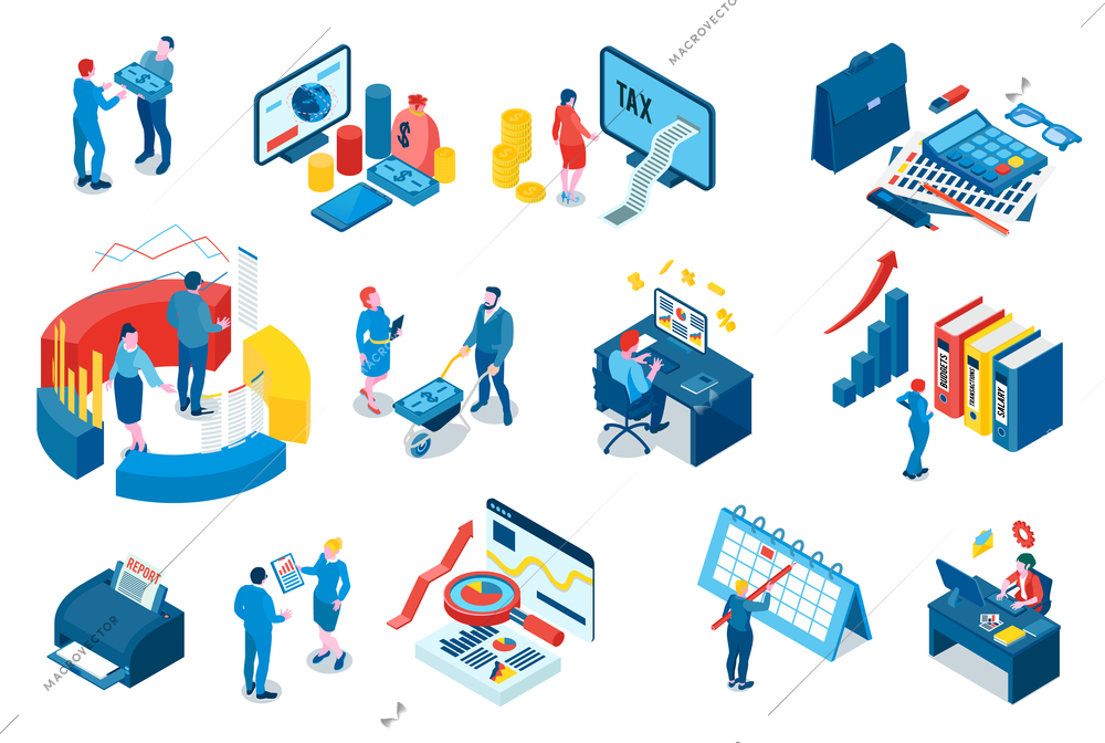 Accounting isometric set of calendar magnifier calculator tax audit report graphs and charts isolated icons vector illustration