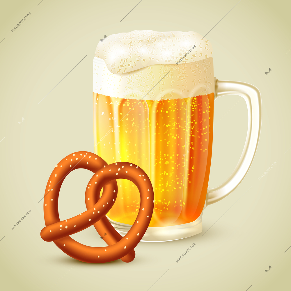 Cool glass mug of cold golden beer with froth and pretzel emblem vector illustration