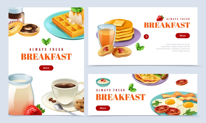 Always fresh breakfast isolated banner set with plate of scrambled eggs and bacon coffee milk bakery vector illustration