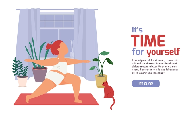 Woman daily routine flat background with female character doing body exercices with text and more button vector illustration