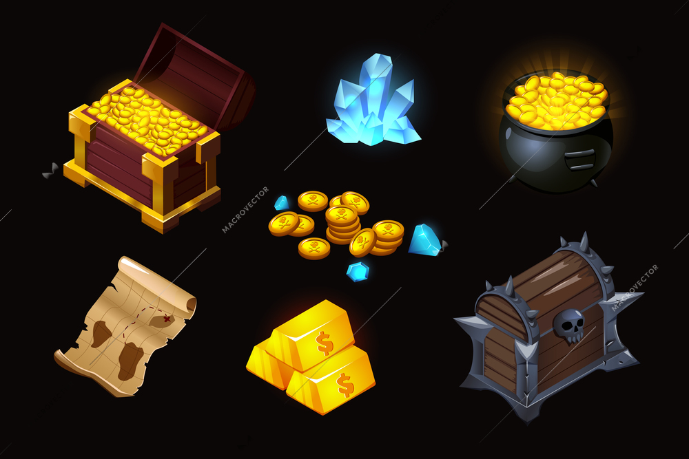 Treasures finds isometric cartoon set with luminous crystals gold coins chests ancient scroll black background vector illustration