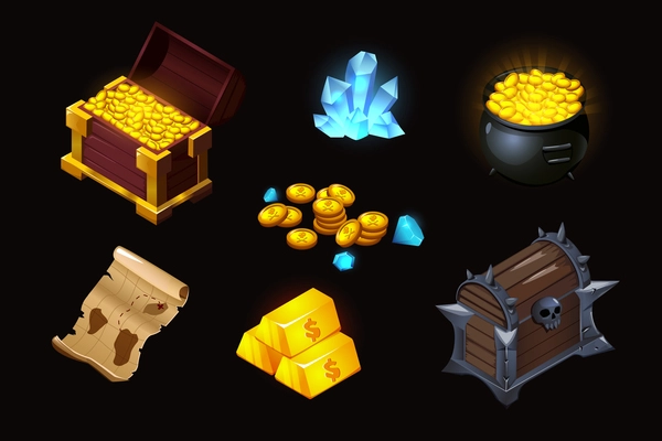 Treasures finds isometric cartoon set with luminous crystals gold coins chests ancient scroll black background vector illustration