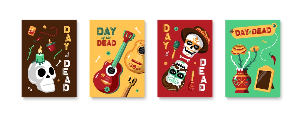 Day of dead four isolated posters with elements of national mexican culture  and holiday attributes cartoon vector illustration