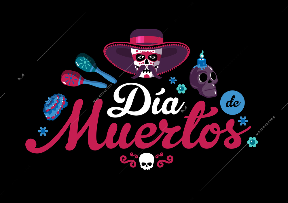 Day of dead mexican background with national festive accessories  and caption in spanish dia  muertos cartoon  vector illustration