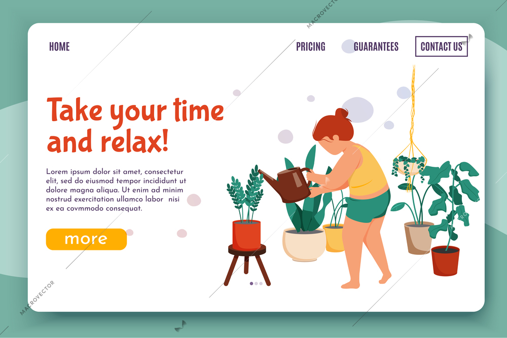 Woman daily routine flat background for website landing page with female character watering flowers with links vector illustration