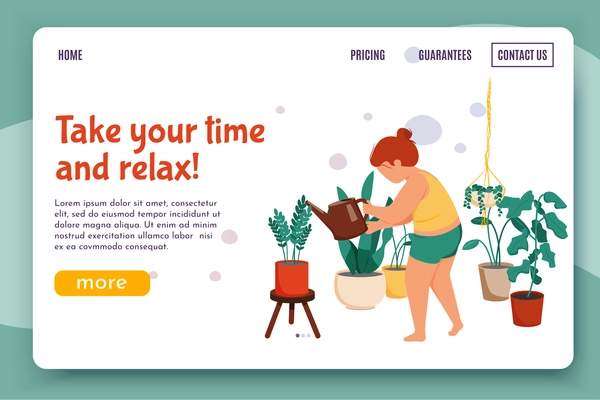 Woman daily routine flat background for website landing page with female character watering flowers with links vector illustration