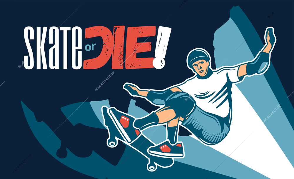Extreme skateboarding colored hand drawn background with young man in helmet and knee pads skating on city streets or skate ramp vector illustration