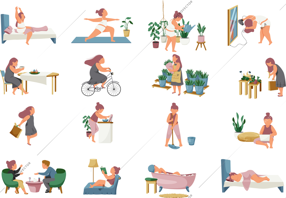 Woman daily routine flat icons with isolated doodle style characters of girl in various life situations vector illustration