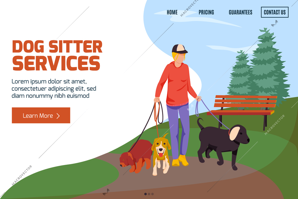 People with dogs flat background with editable text clickable buttons and links with boy walking dogs vector illustration