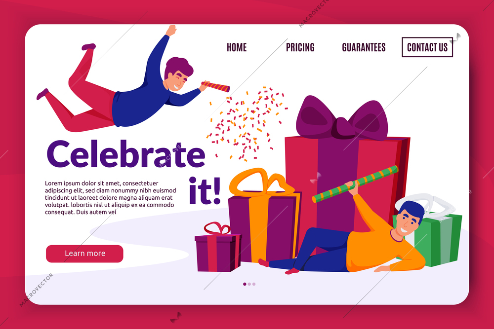 Happy celebration people background website landing page with editable text clickable links and images of presents vector illustration